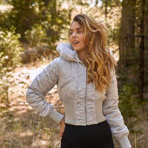 Letter Printed Zip-up Faux Fur Hood Detail Cropped